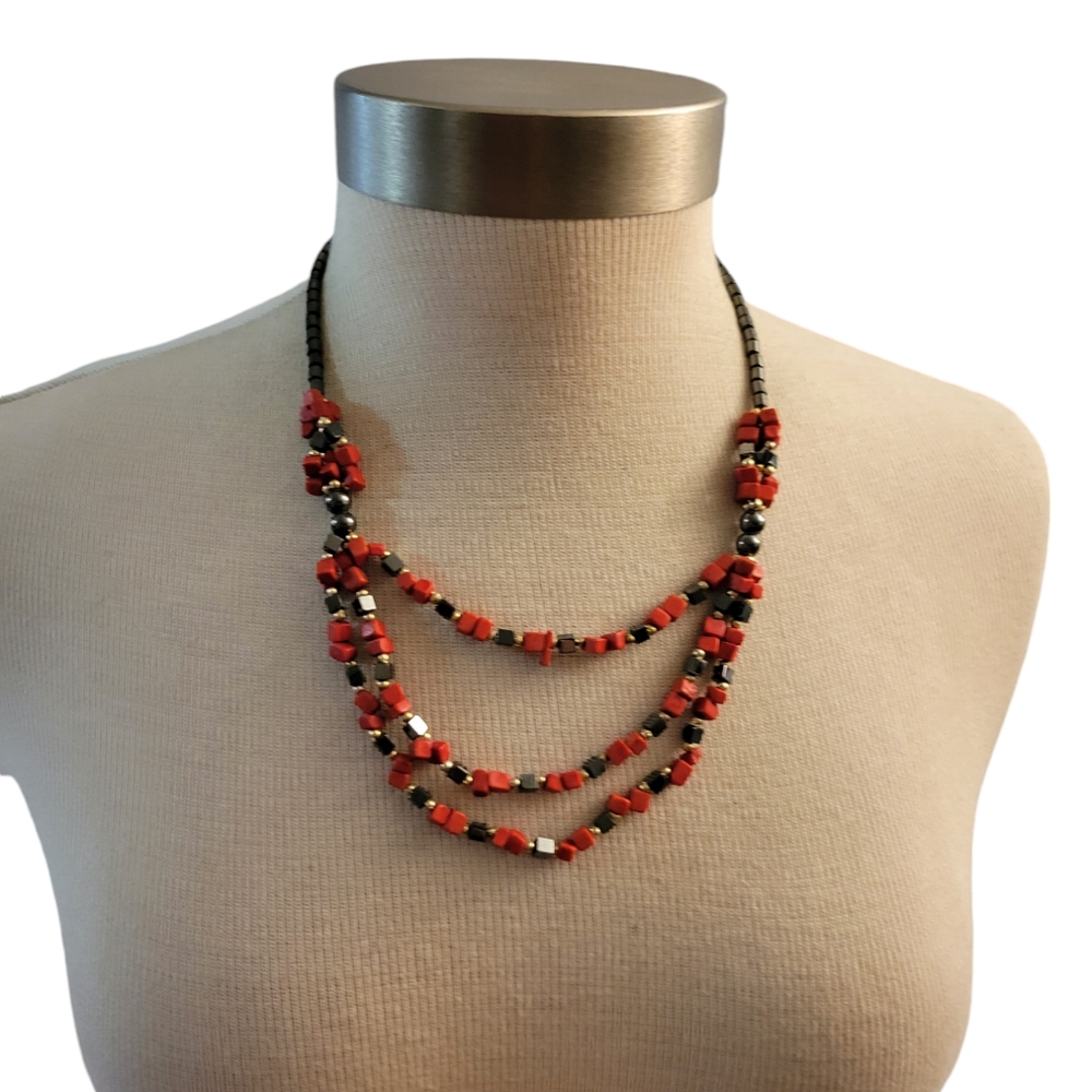 Hand Crafted Marcasite And Coral Layered Necklace